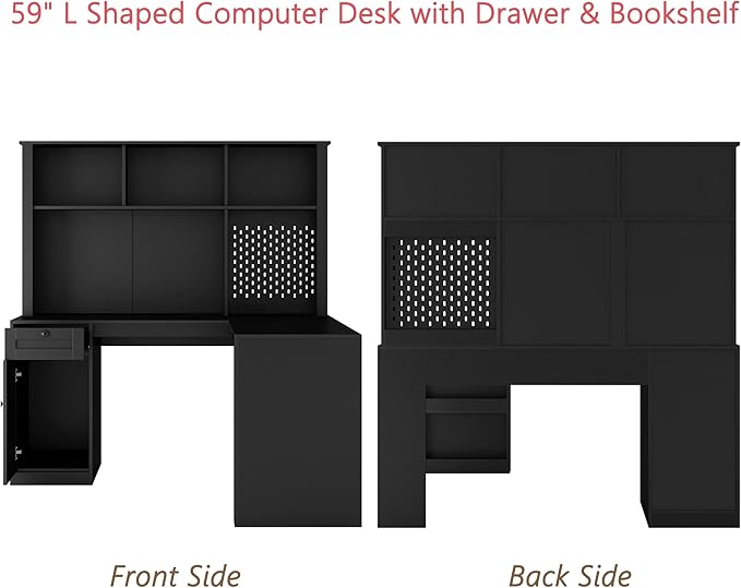 59 L Shaped Computer Desk with Hutch &amp Bookshelf Corner Office Desk Students Writing Table w/Drawer &amp Power Outlet Gaming Computer Desk with LED Light for Home (Black)