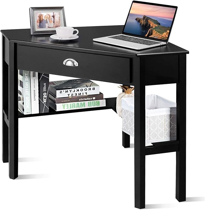 LDAILY Small Corner Desk Triangle Makeup Vanity Desk for Small Space Compact Writing Desk with Storage Shelves &amp Drawer Space Saving Corner Computer Desk for Bedroom Home Office
