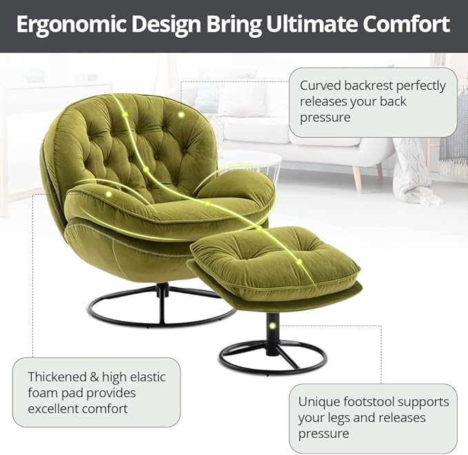 Velvet Swivel Accent Chair with Ottoman Set Modern Lounge Chair with Metal Base Frame &amp Footrest Comfy Single Leisure Sofa Chair Reading Chair with 360 Degree Swiveling for Living Room Fruit Gr