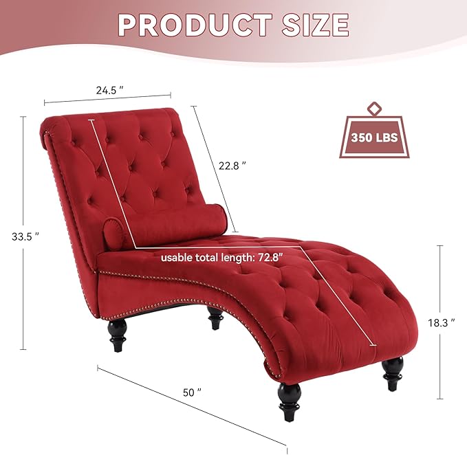 Velvet Chaise Lounge Chair Indoor Comfy Upholstered Chaise Lounge with Pillow and Solid Wood Legs Button Tufted Leisure Sofa Recliner for Living Room Bedroom Office Apartment (Red)