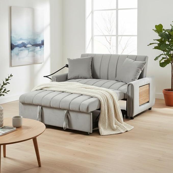 53.9 3-in-1 Convertible Sleeper Sofa Bed Loveseat Pull Out Bed with USB Ports &amp Swivel Stand Modern Foldable Sofa Bed with Tabletop Sleeper Couch for Living Room Bedroom (Grey)