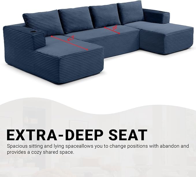 132 Inch Modular Sectional Sleeper Sofa Boneless Cloud Couch for Living Room U Shaped 5 Seat Sofa with 2 Cup Holders Free Combination No Assembly Required (Blue)