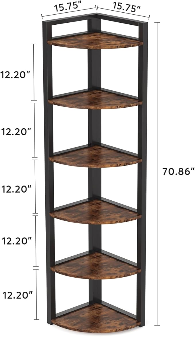 LITTLE TREE 6-Tier Corner Shelf 70.86 Industrial Corner Bookshelf with Metal Frame Narrow Tall Corner Bookcase for Living Room Home Office Kitchen