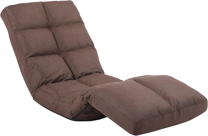 Floor Recliner with Adjustable Footrest - 14-Position Backrest &amp 5-Level Footrest for Ultimate Relaxation Foldable Linen Chaise Lounge Chair for Living Room (Brown)