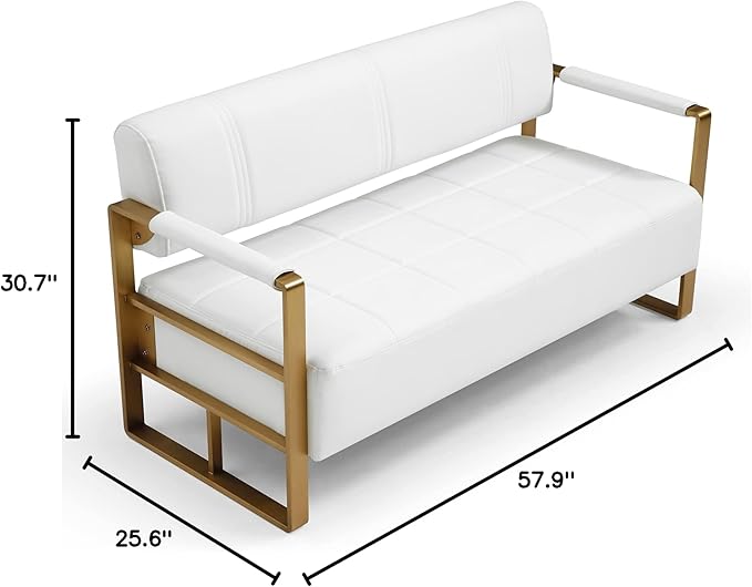 Modern Faux Bonded Leather Loveseat Sofa with Golden Metal Arms 2 Seater Sofa Couch Small Love Seats for Office Apartment Living Room (White01)