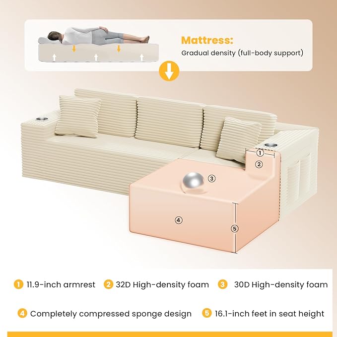 Bashaw 108 Cloud Sectional Couch Sofa with L-Shape Chaise Modern Modular Sofa Couch Upholstered Couches for Living Room Bedroom No Assembly Required (Beige Right Facing Chaise)