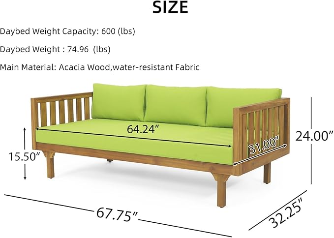 Merax Solid Acacia Wood Couch Chaise Lounge Chair Indoor 3 Seater Daybed Sofa Couches with Cushions &amp Pillow Heavy Frame Day Bed for Living Room Office Outdoor Balcony Patio Water Resistant