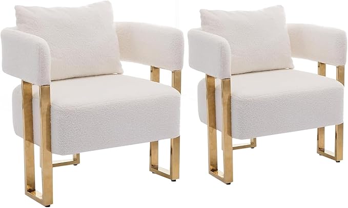YITAI Modern Accent Chairs no Wheels Living Room Side Chairs Set of 2 with Golden Metal Legs Barrel Soft Teddyt Upholstered Reading Armchairs for OfficeReception RoomBedroomLoungeWhite