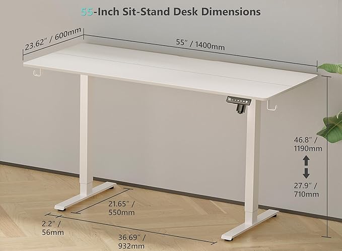 55 x 24 Inch Electric Standing Desk with 4 Wheels Height Adjustable Desk for Home Office Sit Stand Desk with 4 Memory Presets Headphone Hooks and Cable Clips Splice Board White
