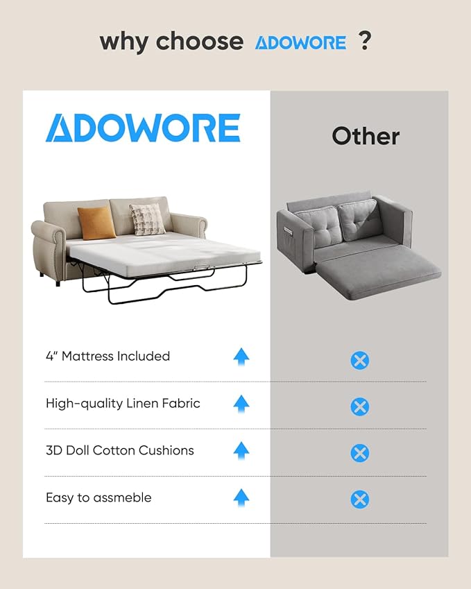 2 in 1 Sofa Bed Queen Size Linen Fabric Pull Out Couch with Folding Foam Mattress Convertible Loveseat Sleeper Sofa with Nailhead Trim for Living Room Bedroom Apartment-Beige