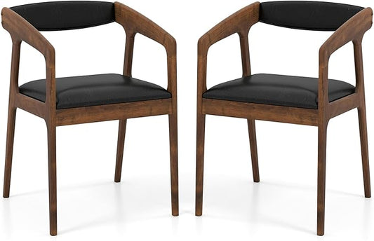 SIMOE Set of 2 PU Leather Accent Chairs Mid-Century Modern Armchairs with Padded Seat and Backrest Rubber Wood Frame Upholstered Reading Chairs for Living Room Leisure