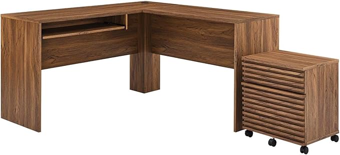 Modway Render Mid-Century Modern Office Desk and File Cabinet Set Walnut