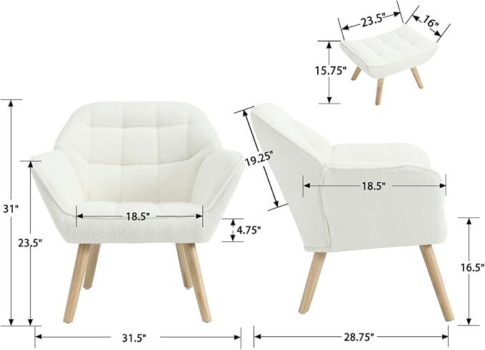 Modern Sherpa Accent Chair with Ottoman Set of 2 Fluffy Upholstered Lounge Chair with Footrest Comfy Living Room Side Boucle Armchair for Small Space Bedroom White