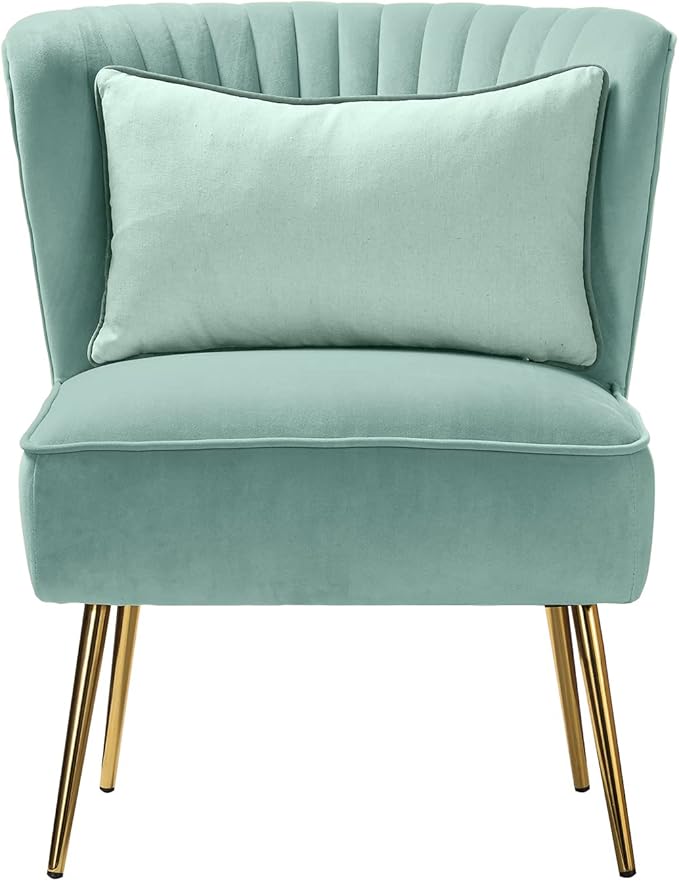 Tina's Home Velvet Armless Accent Chair Upholstered Modern Small Side Chair with Golden Legs Comfy Cute Wingback Slipper Chair for Living Room Study Beauty Room Thickly Padded(SAGE)