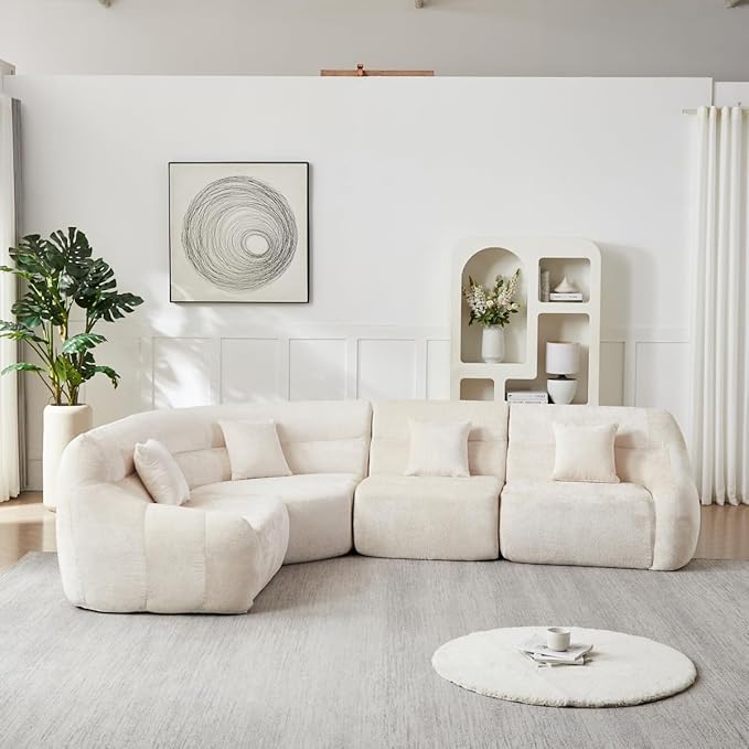 123 L-Shaped Corner Sectional Sofa with Curved Edge Modern Chenille Modular Cloud Couch High Back Oversized 4-Seater with 4 Pillows No Assembly Required Beige