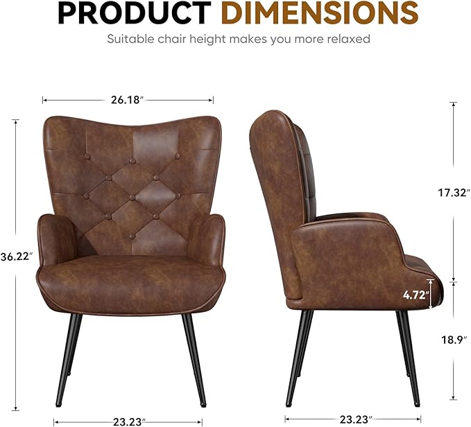 Nalupatio Mid Century Modern Accent Chair Set of 2 PU Leather Upholstered Tufted Button Chairs Living Room Reading Wingback Armchair Side Chair for Living Room Bedroom Brown