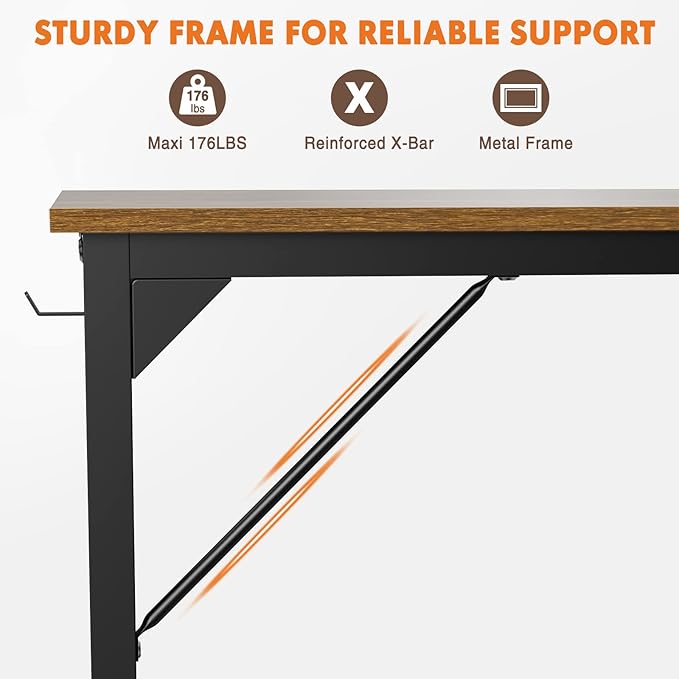 Sweetcrispy Computer Office Desk 63 Inch Student Study Writing Work with Headphone Hooks &amp Storage Bag Modern Simple PC Home Bedroom Table Rustic Brown
