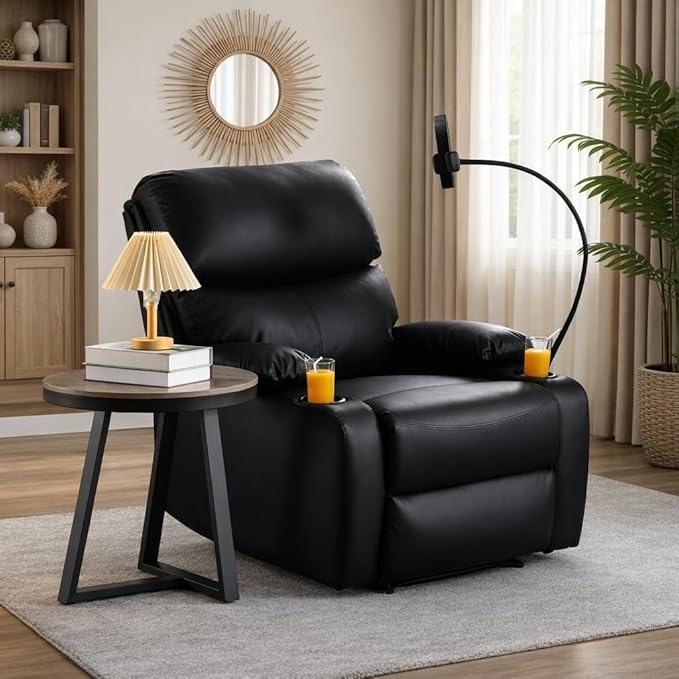 Recliner Chair Oversized Reclining Chair with Phone Holder &amp 2 Cup Holders Leather Wide Rocker Chair for Adults Single Reclining Sofa Recliner for Living Room Office Theater Seating