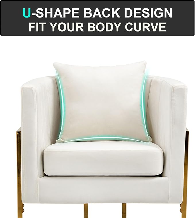 X-VOLSPORT Velvet Accent Chair Modern Barrel Arm Chair for Living Room/Bedroom/Guest Reception Upholstered Club Armchair with Pillow &amp Gold Base White