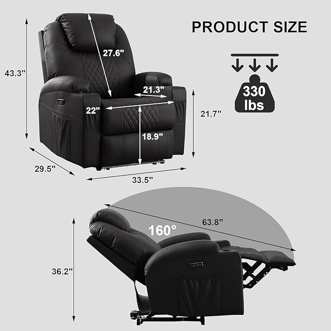 Power Recliner Chair with Heat and Massage PU Leather Home Theater Seating with LED Lights/Cup Holders/Side Pocket/USB Port Reclining Sofa Chair for Living Room (2 Black)