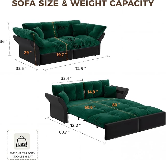 74.8 Queen Pull Out Couch BedVelvet Convertible Pull-Out Sofa Bed with Side Pockets3-in-1 Queen-Size Sleeper SofaSleeper Loveseat for Living RoomApartment Offices（Green）