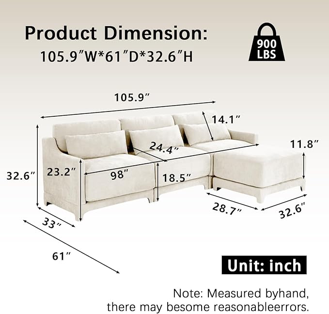 Modular Sectional Sofa Set Optional 2-4 Seater with Lumbar Pillows &amp 0-2 Ottomans Chenille Fabric Ergonomic Easy Assembly for Living Room/Bedroom/Reading Nook (3 Seat + 1 OttomanBeige)