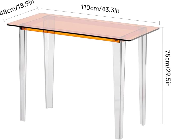 Modern Acrylic Desk for Home Office - Multi-Purpose Study Table with Extended Surface Sturdy Lightweight Design Transparent Orange Console &amp Entryway Table (42.5 Inch)