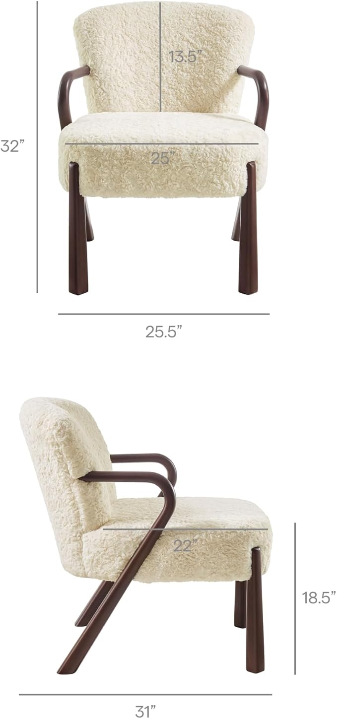 Modway Arden Faux Shearling Upholstered Accent Armchair in Ecru – Mid-Century Modern Fuzzy Lounge Chair with Curved Wood Frame