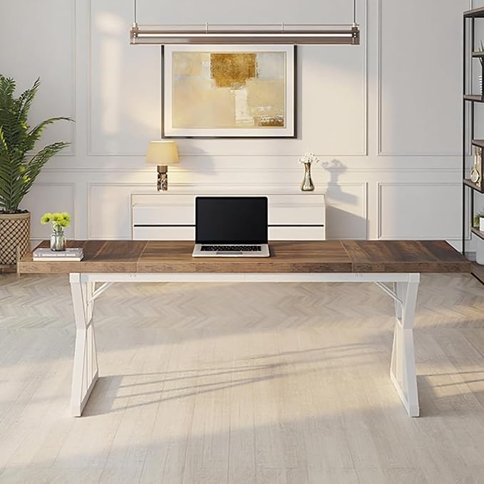 70.8 Modern Executive Computer Desk Wide Writing Desk for Home Office Minimalist Style Workstation Large Study Desk for Bedroom or Workspace White