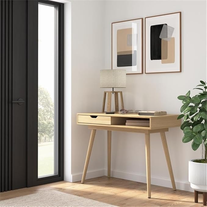 Pemberly Row 40 W Writing Desk Natural Oak Finish Engineered Wood and Rubberwood Legs Scandinavian Minimalism and Mid-Century Modern Style Compact Desk with Storage for Home Office or Entryway