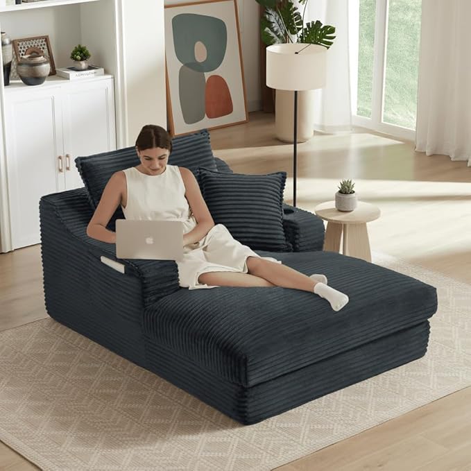 47 Boneless Chair Chaise Lounge: Oversized Comfy Corduroy Upholstered Indoor Couch with Armrets and 3 Pillows for Living Room Bedroom and Apartment Deep Seat Sleeper Sofa Grey