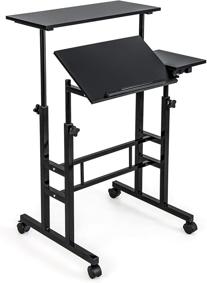 Giantex Mobile Standing Desk Height Adjustable Stand Up Desk with Wheels &amp Tilting Tabletop Rolling Laptop Cart Computer Workstation for Standing or Sitting Home Office Sit Stand Desk Black