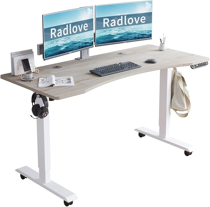 Radlove Electric Standing Desk 55 x 30 Height Adjustable Computer Desk Sit Stand Desk Home Office Desks with Splice Board and A Under Desk Cable Management Tray (White Frame + Oak Top)