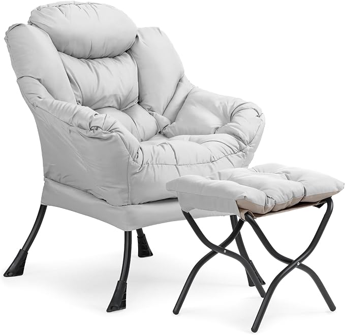 Athena Collection Lazy Lounge Chair with Ottoman Modern Soft Reading Arm Chair for Adults Comfy Sofa Armchair with Footrest and Side Pocket for Corner Living Room Bedroom Small Space Grey