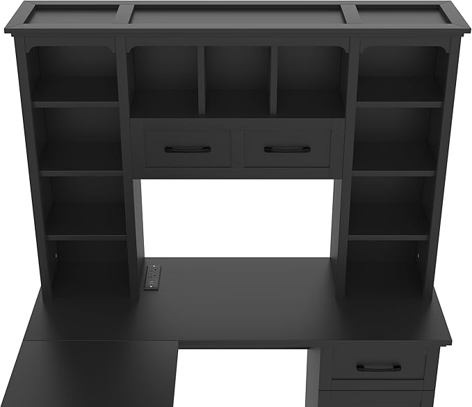 L-Shaped Home Executive Desk with 2 Cabinets and 2 Drawers Computer Desk with Power Outlet 11 Open Shelves and 1 Right Flip Shelf with Storage for Study Living Room and Office (Black-02)