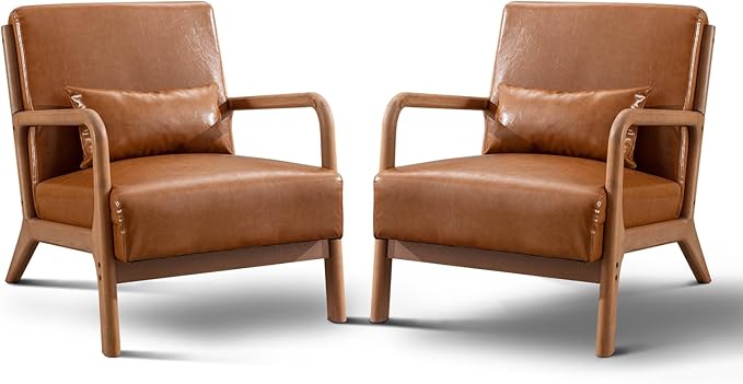 Phoenix Home Upholstered Mid Century Modern Accent Chair Set of 2 Lounge Fabric Living Room Chairs with Solid Wood Frame and Waist Cushion Reading Armchair for Bedroom Brown