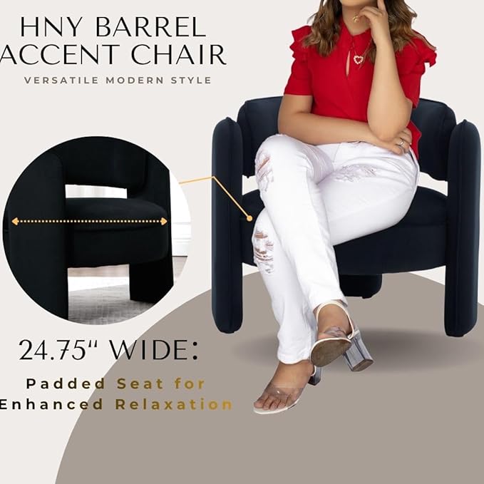 HNY Mid Century Modern Velvet Barrel Accent Chair Comfy Round Upholstered Armchair with Open Back Side Club Chair Lounge Arm Chair for Living Room Bedroom Waiting Rooms Small Spaces Black