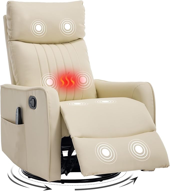 Swivel Rocker Recliner Chair 360° Swivel Recliner with Heat and Massage Rocker Recliner Upholstered Fabric Nursery Glider Recliner Chair with Side Pockets for Living Room PU Light Yellow