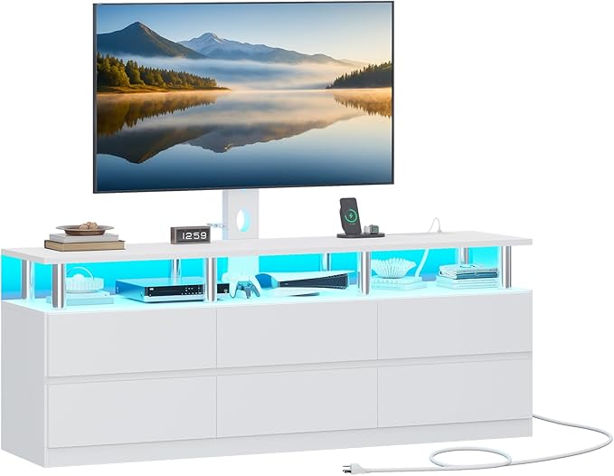 ADORNEVE TV Stand with Mount and Power Outlet TV Mount for 32/45/55/60/65/70 inch TVs Modern LED TV Stand with 6 DrawersWhite Entertainment Center for Living RoomBedroom