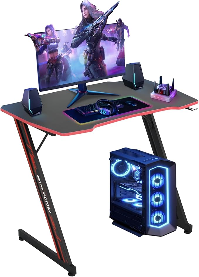Dkelincs 35 inch Gaming Desk Z-Shaped Computer Desk PC Computer Table Home Office Desk Ergonomic Gamer Workstation with Headphone Hook Red