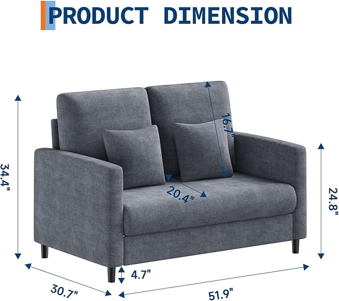 Garvee Loveseat Sofa 52 Love Seat for Small Spaces Mid Century Sofa Accent Chair Solid Wood Frame Tool-Free Assembly Comfy Sofa Couch for Bedroom Living Room Blue Gray