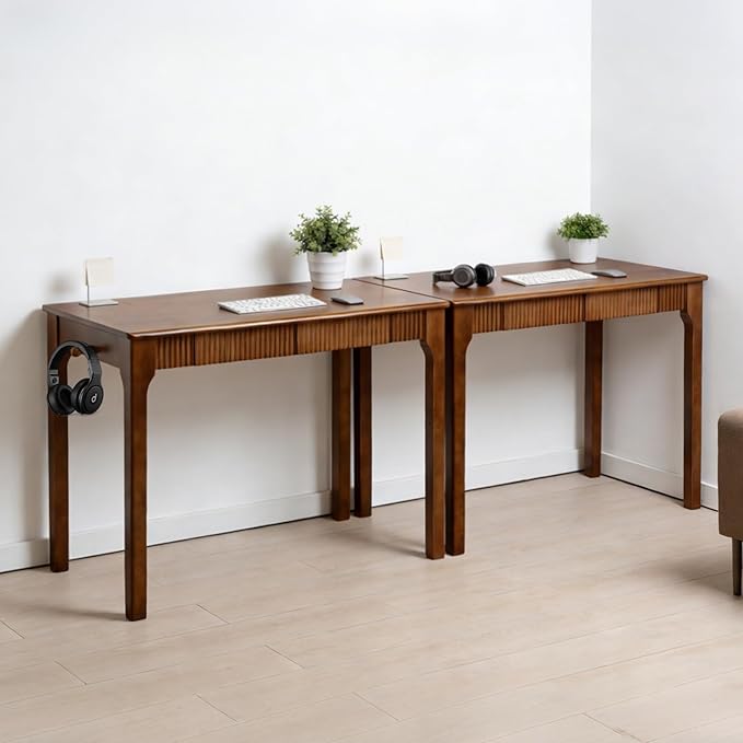 39.4'' Solid Wood Desk with Drawers Mid Century Modern Home Office Desk Vintage Wooden Writing Desk with Storage and Hooks Dark Wood Computer Table for Bedroom Study (Walnut)