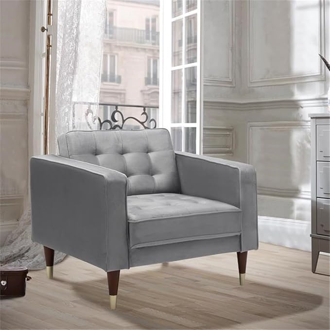 Allora Velvet Tufted Club Chair 30 H x 33 W x 33 D Upholstered in Light Gray Velvet Wood Legs with Gold Caps Mid-Century Modern Accent Chair for Living Room or Bedroom