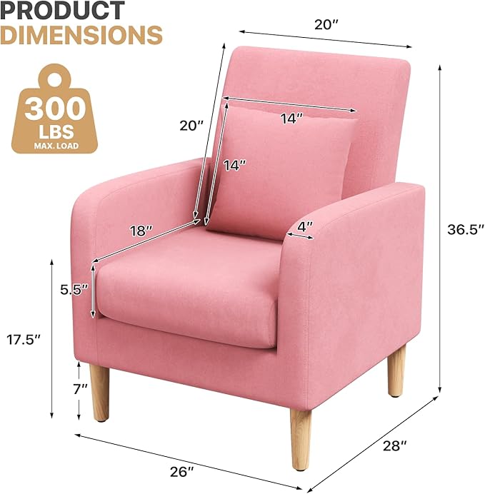 Magshion Mid-Century Accent Chair for Living Room Comfy Reading Chair for Bedroom Upholstered Linen Fabric Armchair Single Sofa with Back Pillow &amp Wood Legs 300 lbs Capacity Pink