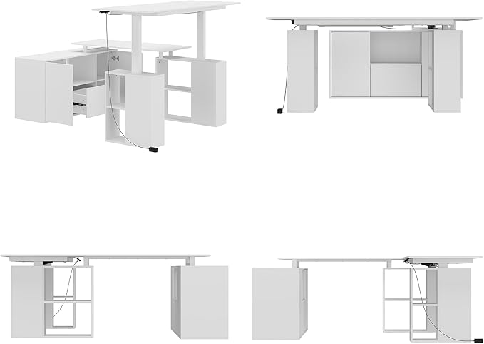 Homsee Electric Height Adjustable Standing Desk with Storage Cabinet U-Shape Computer Desk with Drawer &amp Open Shelves for Home Office Workstation Desk for Writing Study Executive White