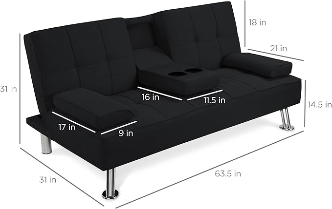Best Choice Products Linen Modern Folding Futon Reclining Sofa Bed for Apartment Dorm w/Removable Armrests 2 Cupholders - Black