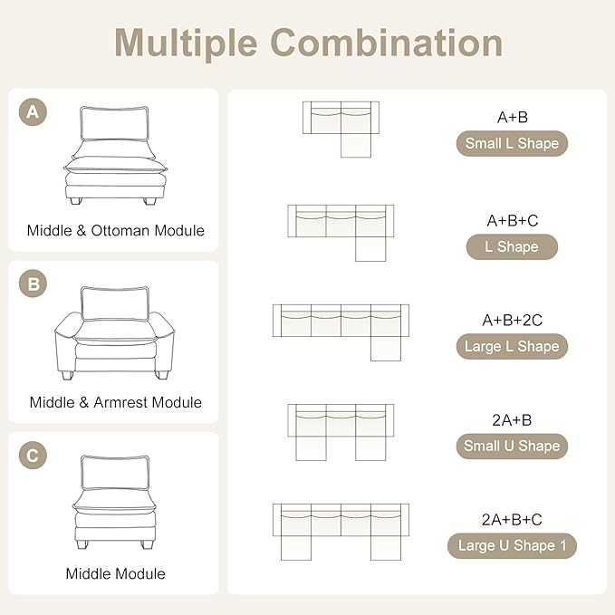 Karl home Sectional Sofa Modular Deep Seat Sofa Couch with Ottoman Chenille Sofa Sleeper Comfy Upholstered Furniture for Living Room Apartment Studio Office (3-Seat &amp 1-Ottoman Light Gray)