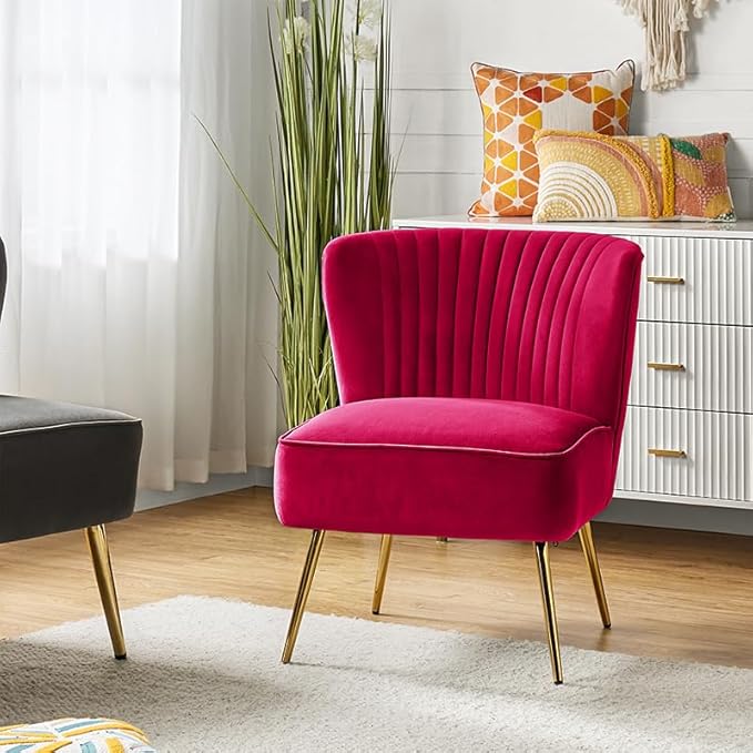 TINA'S HOME Modern Accent Chair Velvet Slipper Chair with Wingback Gold Legs Comfy Upholstered Fabric Armless Side Chair for Living Room Bedroom Vanity/Fuchsia