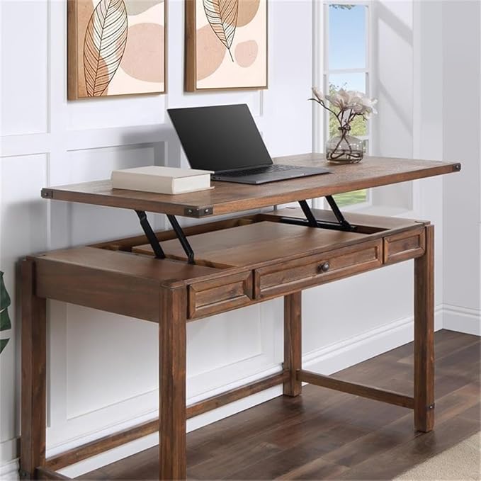 Pemberly Row Sit-to-Stand Lift Desk Brushed Walnut Brown Finish Solid Wood and Veneer 48 W x 24 D x 30.25 H Adjustable Height Classic Wire Brushed Texture Full Post Construction Home Office