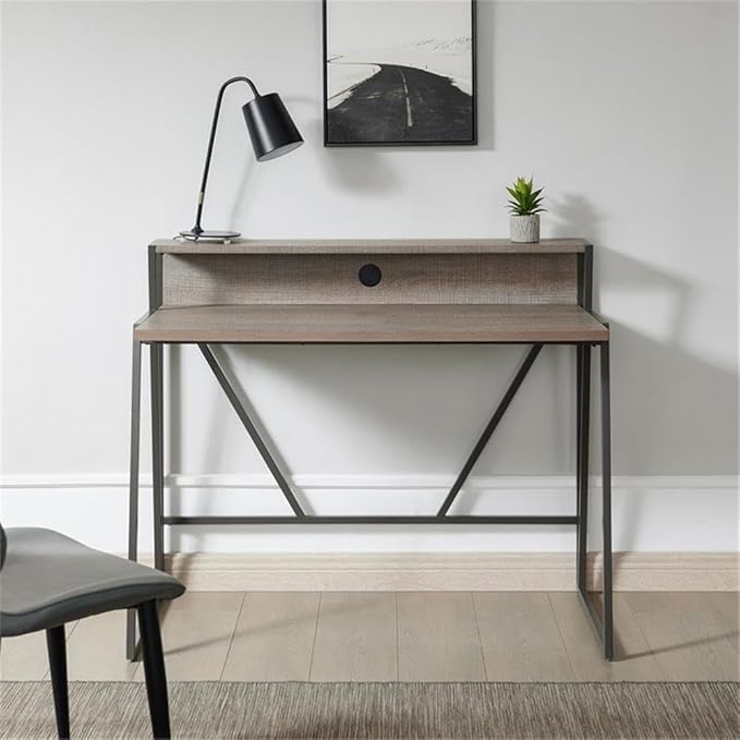 Pemberly Row Writing Desk 44 L x 23.75 W x 36.25 H HPL Worksurface Roughsawn Oak and Gunmetal Finish MDF Shelf with Cable Management Contemporary Style Home Office Desk with Upper Storage